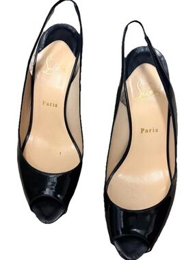 Christian Louboutin Black Patent Slingback Peep Toe Pumps